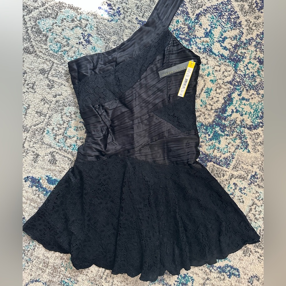 Alice + Olivia One-Shoulder Black Lace Fit-and-Flare Dress